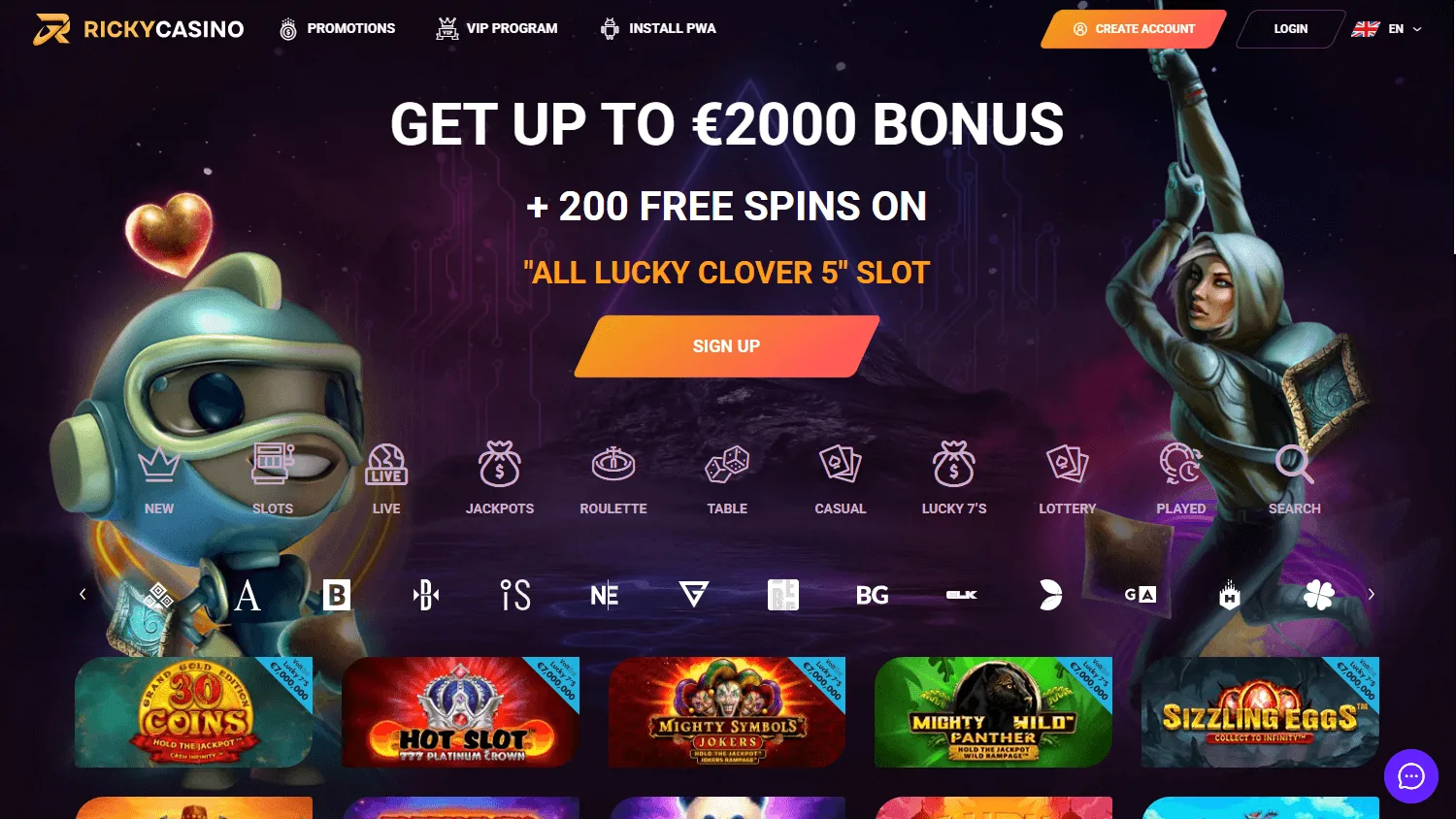Ricky Casino home screen on a desktop device