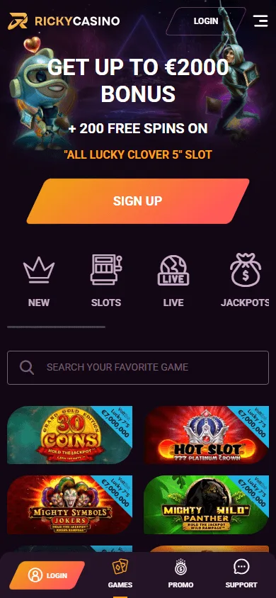 Ricky Casino home screen on a mobile device