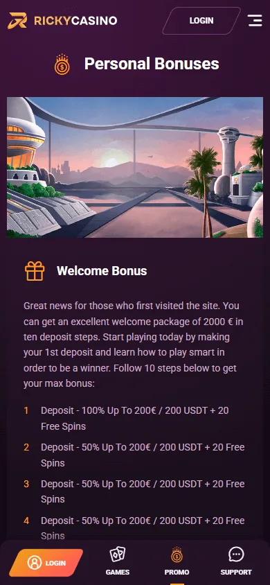 Ricky Casino promotions screen on a mobile device